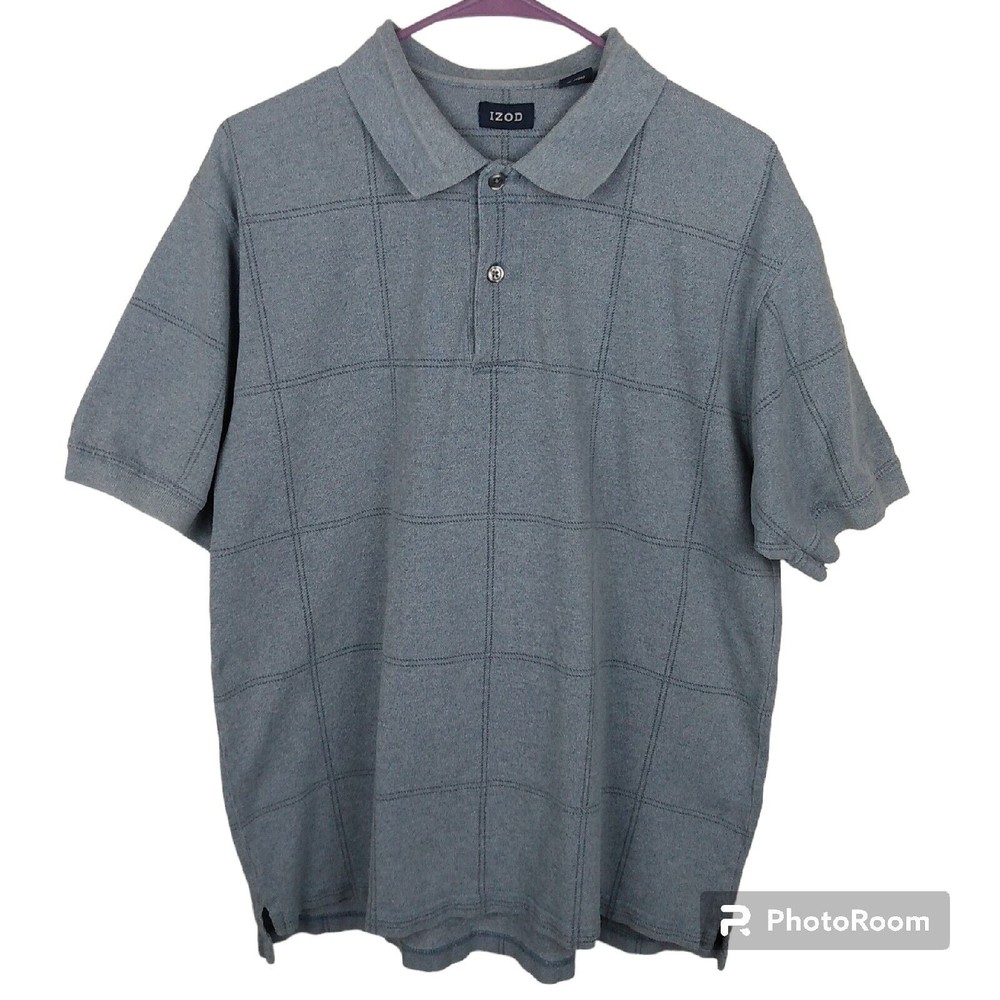 IZOD Golf Polo Shirt Men's Large Gray Plaid Cotton Henley Short Sleeve